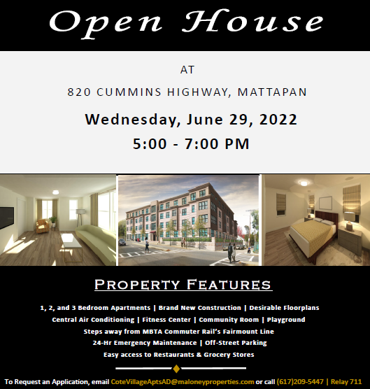 Open House at Cote Village in Mattapan June 29th
