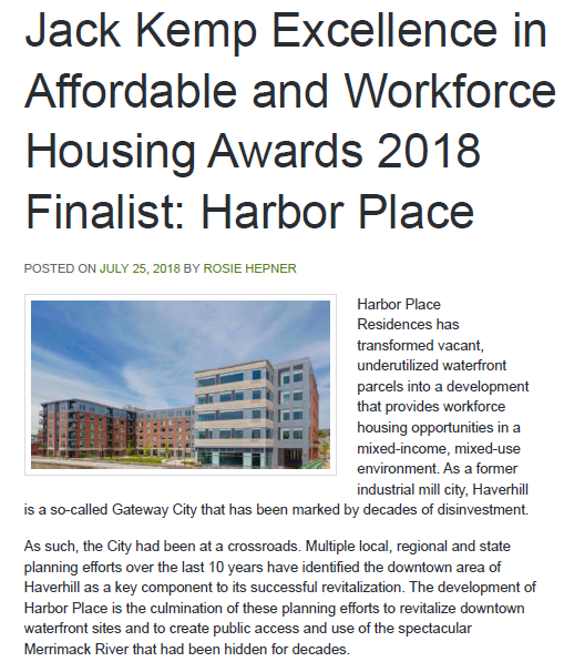 Harbor Place Nominated for Jack Kemp Excellence in Affordable & Workforce Housing Awards 2018